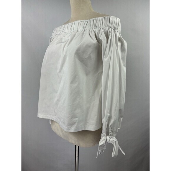 7 For All Mankind Off Shoulder Top White Small Poplin Peasant Tie Wrist - Picture 12 of 12